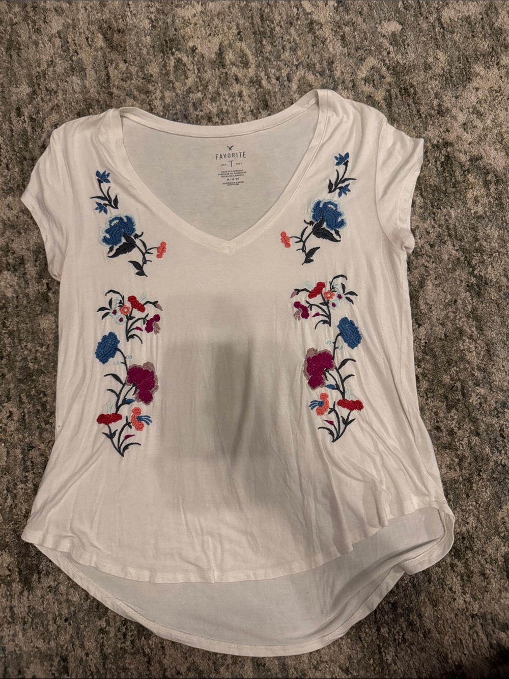 Brand White V-Neck Tee with Blue & Pink Floral Embroidery